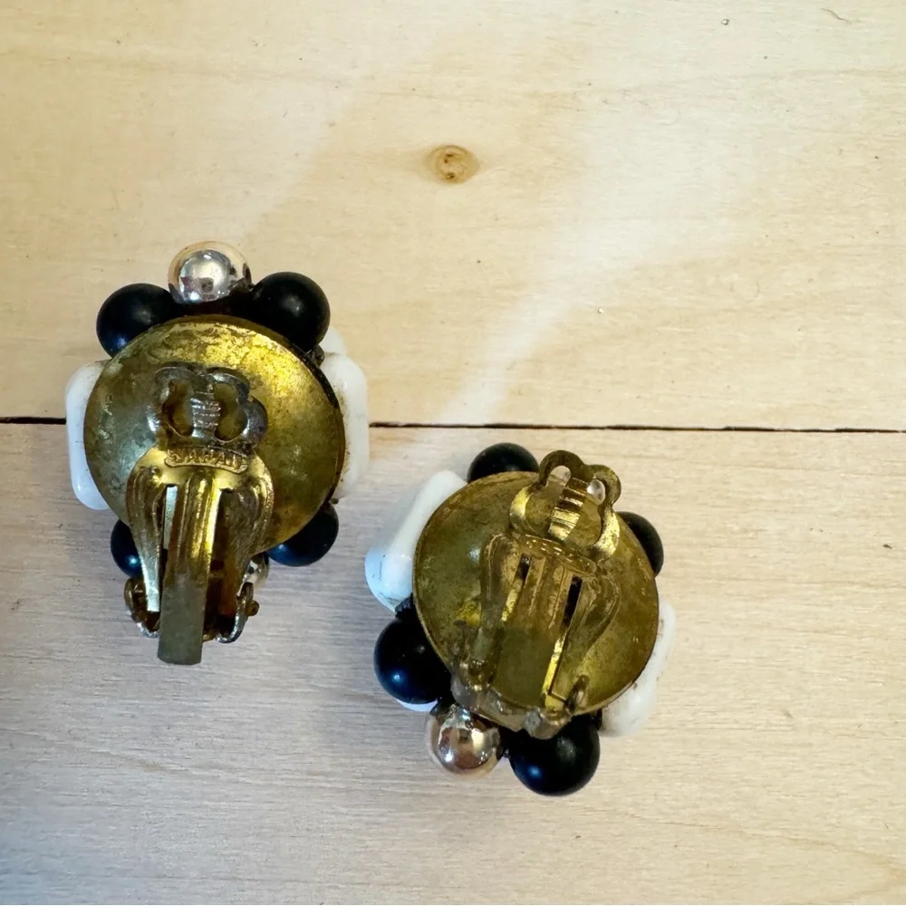 Vintage Milk Glass Crystal Black Gold Bead Clip On Earrings Marked Japan